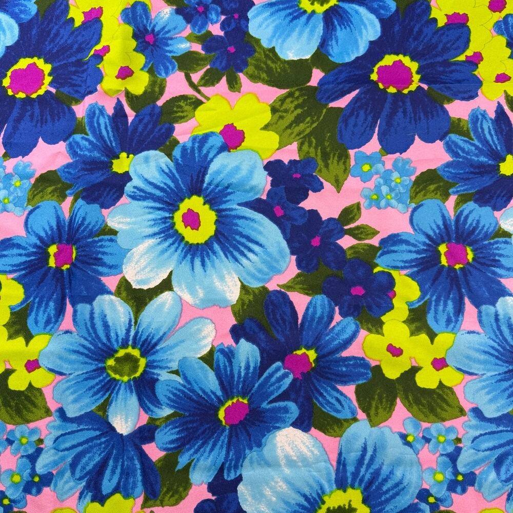 Vintage floral bright pink and blue flower fabric yardage